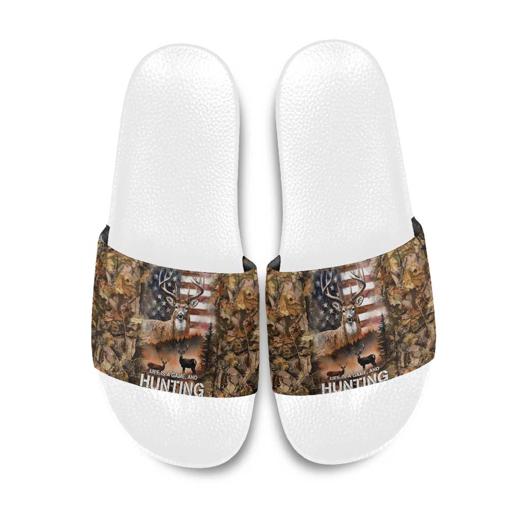 Personalized Buck Deer Hunting Slide Sandals American Flag Sunset Forest in Camouflage