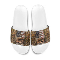 Personalized Buck Deer Hunting Slide Sandals American Flag Sunset Forest in Camouflage