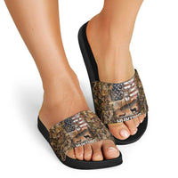 Personalized Buck Deer Hunting Slide Sandals American Flag Sunset Forest in Camouflage