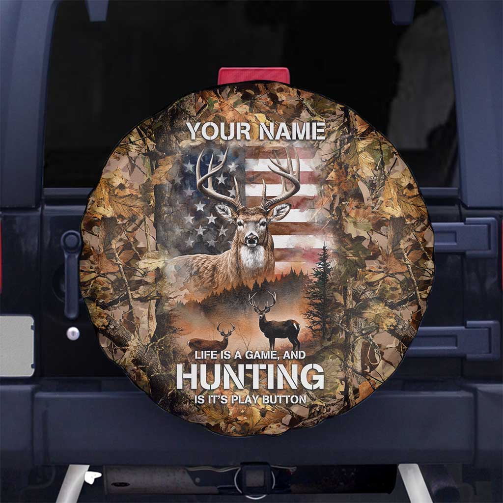 Personalized Buck Deer Hunting Spare Tire Cover American Flag Sunset Forest in Camouflage