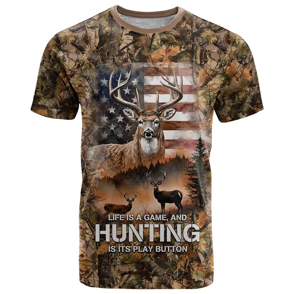 Personalized Buck Deer Hunting T Shirt American Flag Sunset Forest in Camouflage