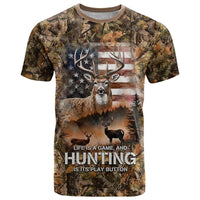 Personalized Buck Deer Hunting T Shirt American Flag Sunset Forest in Camouflage