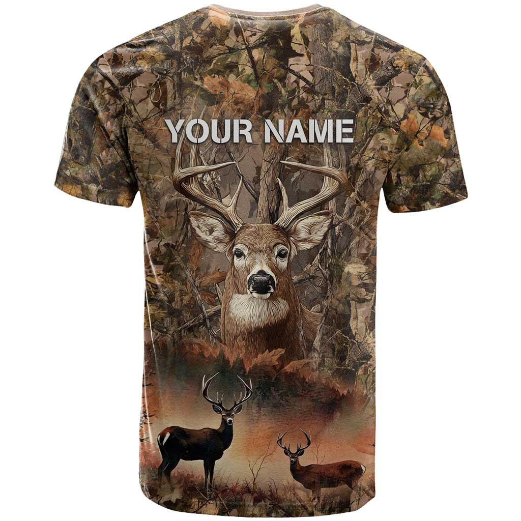 Personalized Buck Deer Hunting T Shirt American Flag Sunset Forest in Camouflage