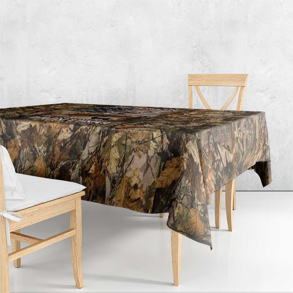 Personalized Buck Deer Hunting Tablecloth American Flag Sunset Forest in Camouflage