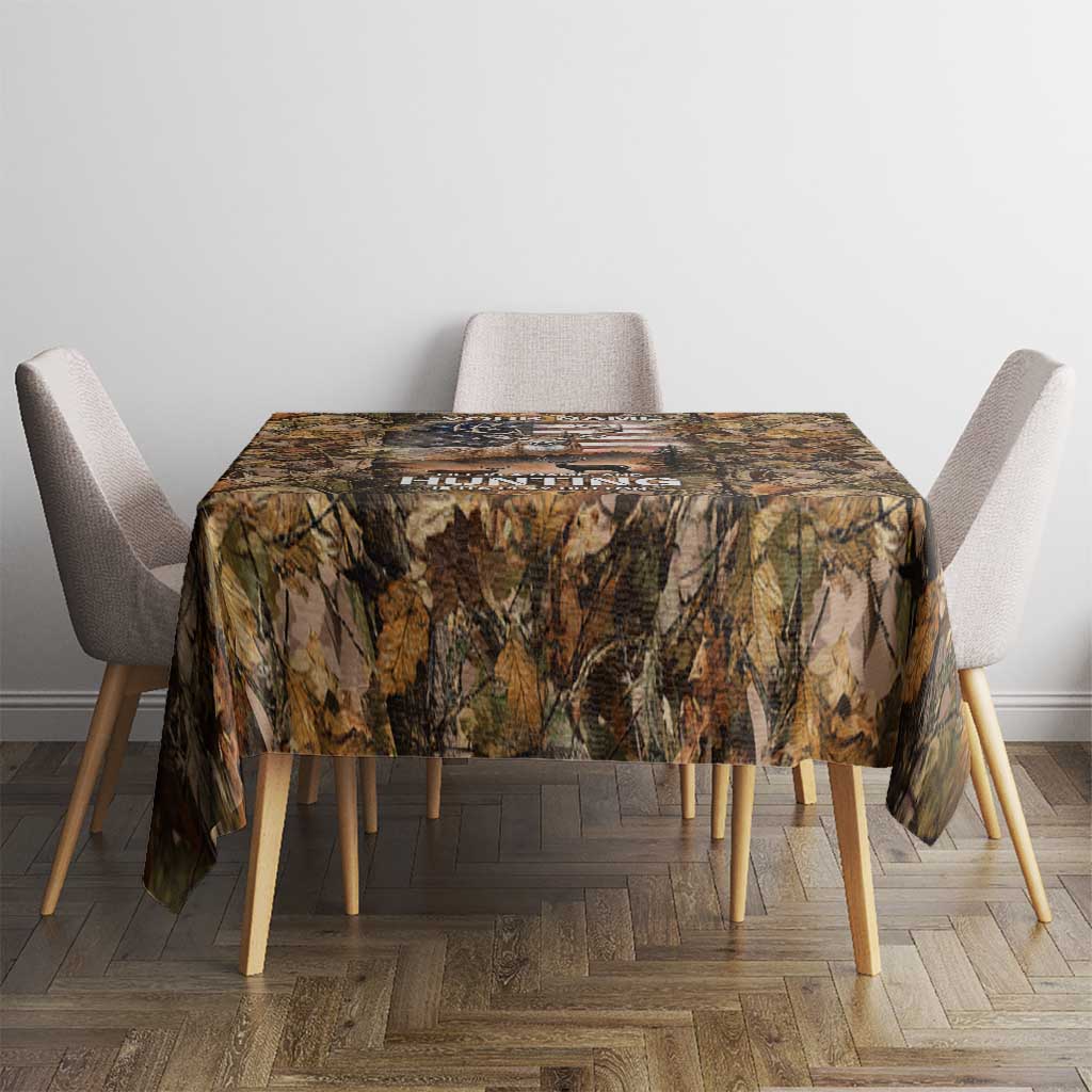 Personalized Buck Deer Hunting Tablecloth American Flag Sunset Forest in Camouflage