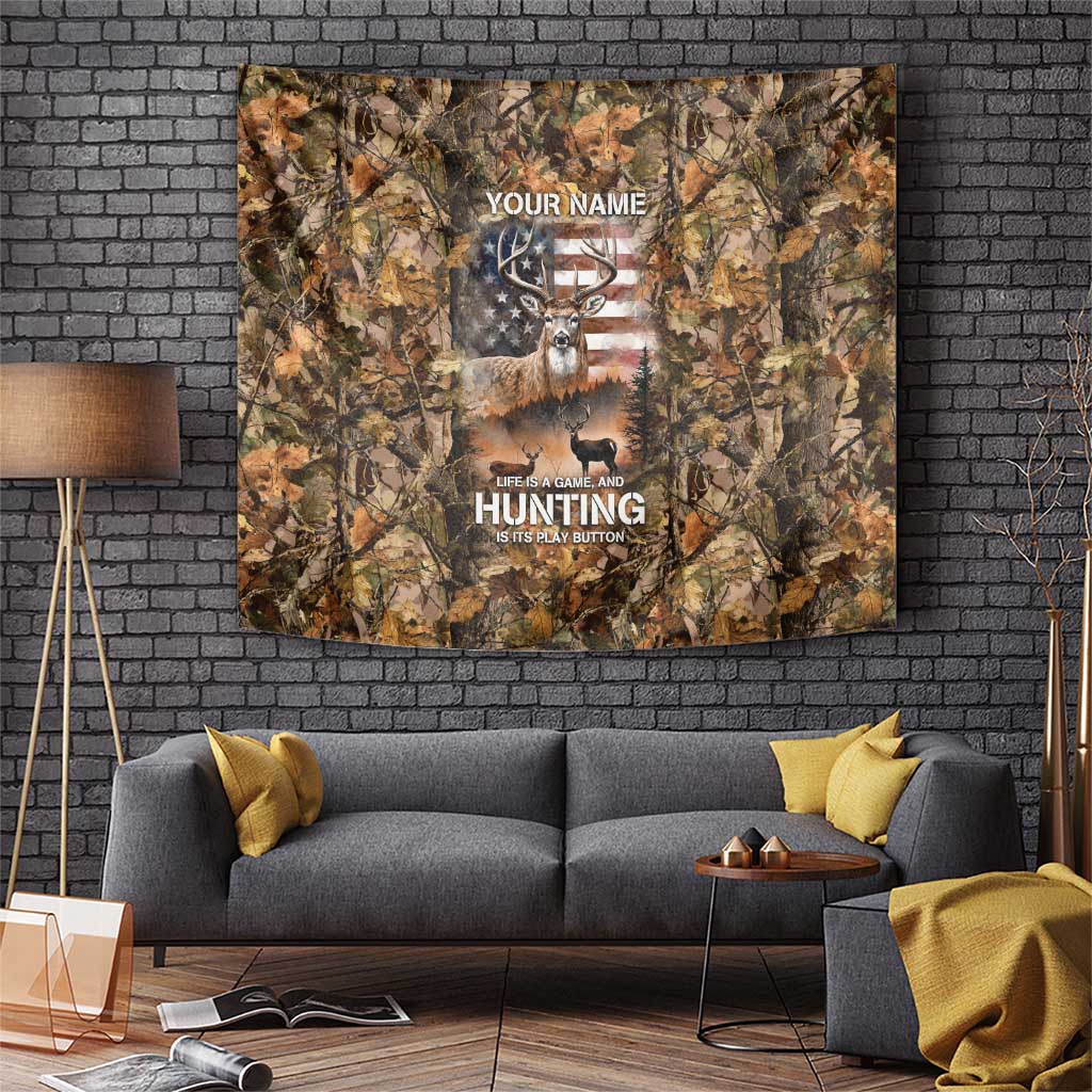 Personalized Buck Deer Hunting Tapestry American Flag Sunset Forest in Camouflage