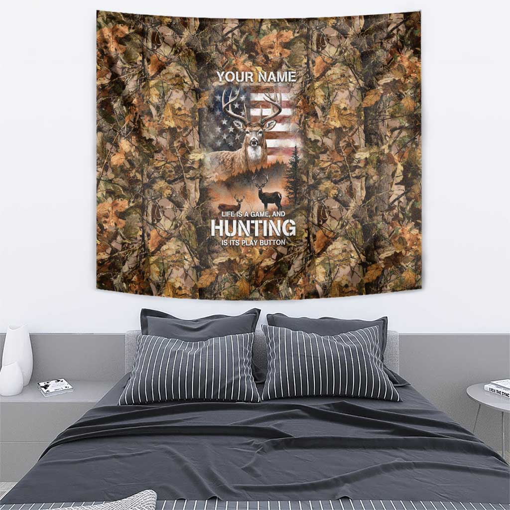 Personalized Buck Deer Hunting Tapestry American Flag Sunset Forest in Camouflage
