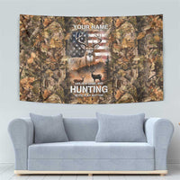 Personalized Buck Deer Hunting Tapestry American Flag Sunset Forest in Camouflage