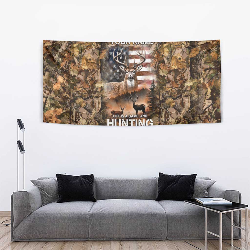 Personalized Buck Deer Hunting Tapestry American Flag Sunset Forest in Camouflage
