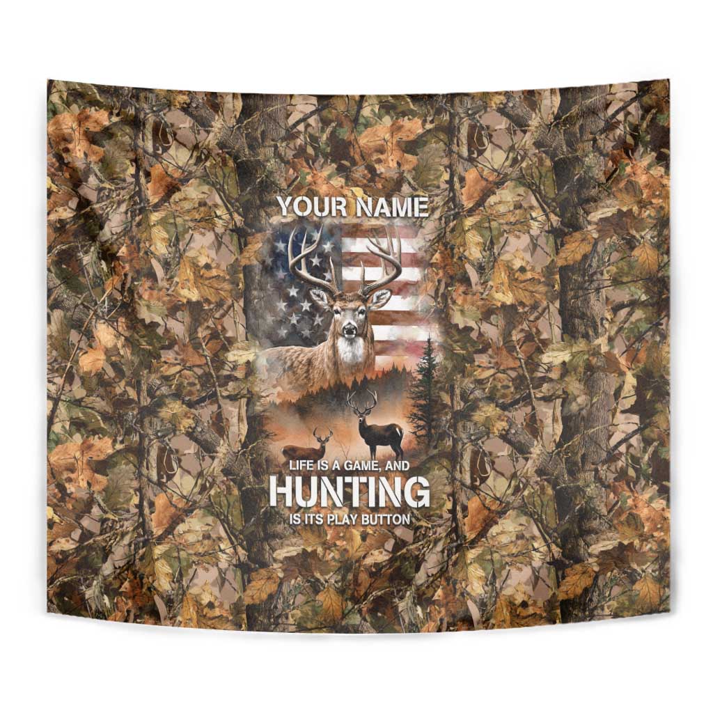 Personalized Buck Deer Hunting Tapestry American Flag Sunset Forest in Camouflage