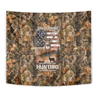 Personalized Buck Deer Hunting Tapestry American Flag Sunset Forest in Camouflage