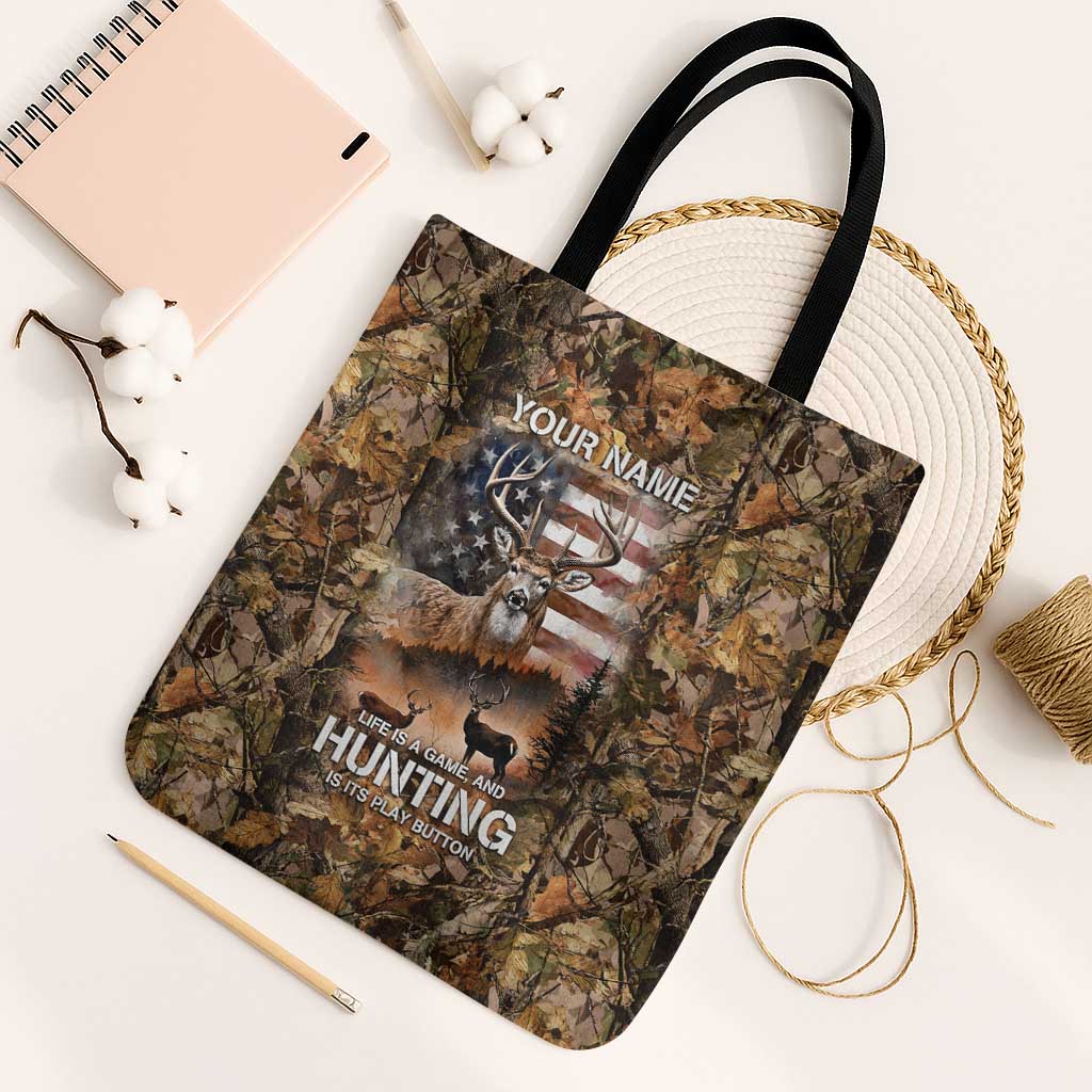 Personalized Buck Deer Hunting Tote Bag American Flag Sunset Forest in Camouflage
