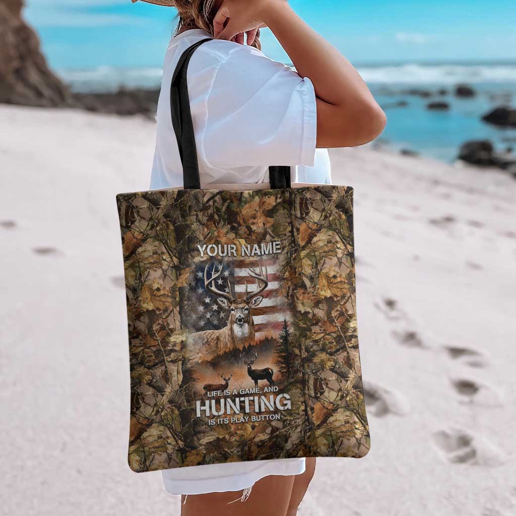 Personalized Buck Deer Hunting Tote Bag American Flag Sunset Forest in Camouflage