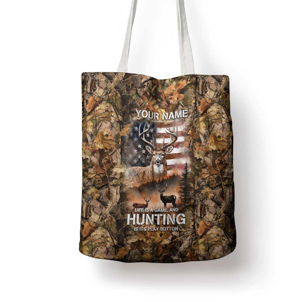 Personalized Buck Deer Hunting Tote Bag American Flag Sunset Forest in Camouflage