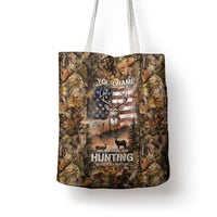 Personalized Buck Deer Hunting Tote Bag American Flag Sunset Forest in Camouflage