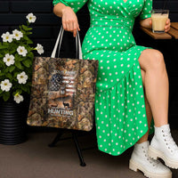 Personalized Buck Deer Hunting Tote Bag American Flag Sunset Forest in Camouflage