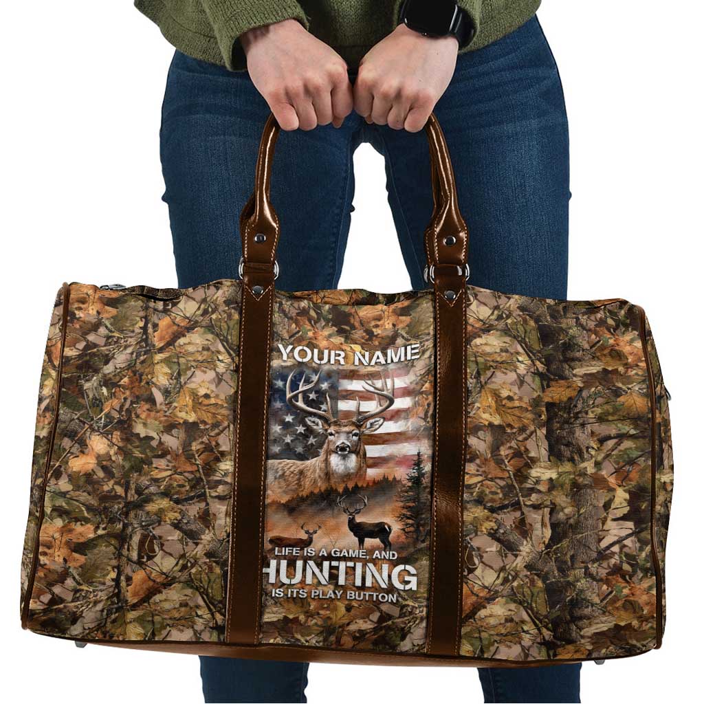 Personalized Buck Deer Hunting Travel Bag American Flag Sunset Forest in Camouflage