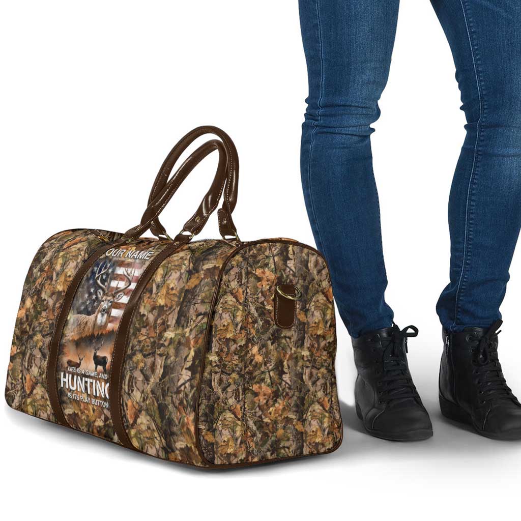 Personalized Buck Deer Hunting Travel Bag American Flag Sunset Forest in Camouflage