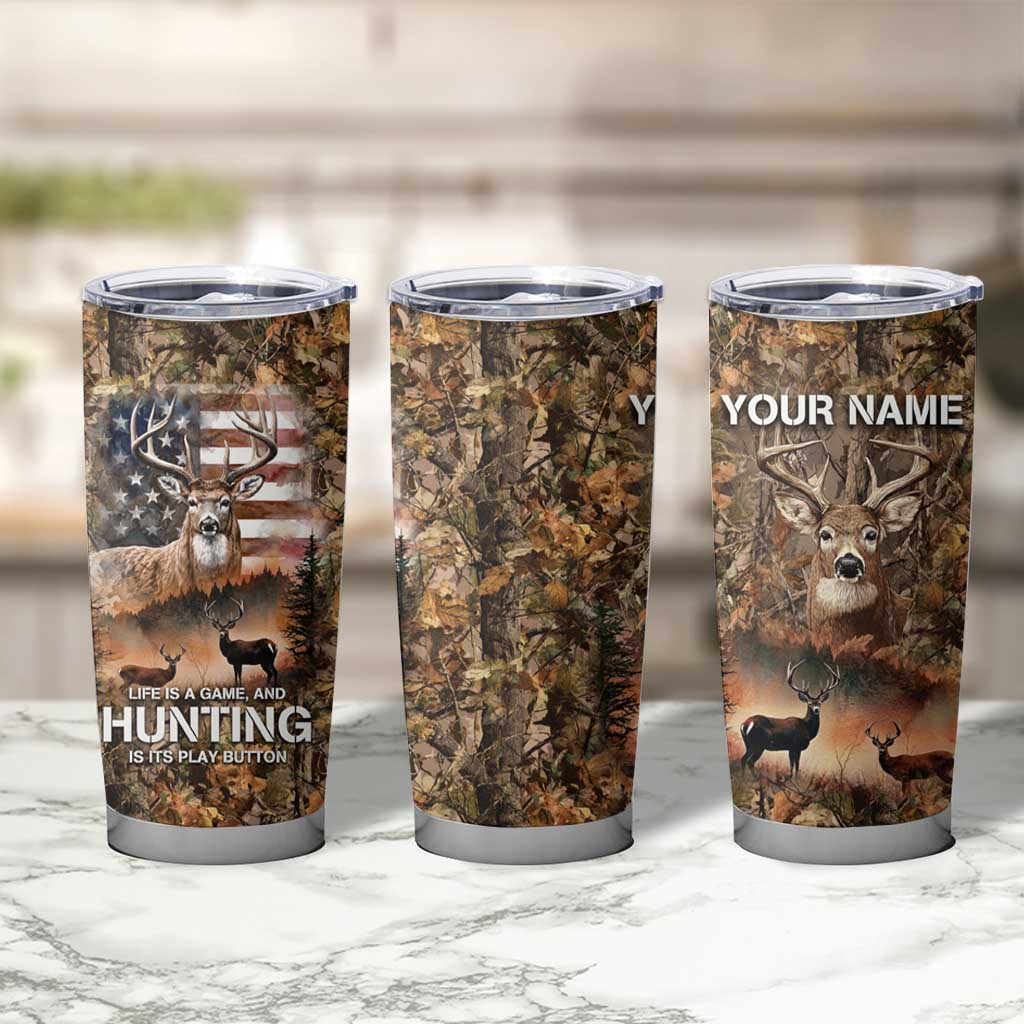 Personalized Buck Deer Hunting Tumbler Cup American Flag Sunset Forest in Camouflage TS04