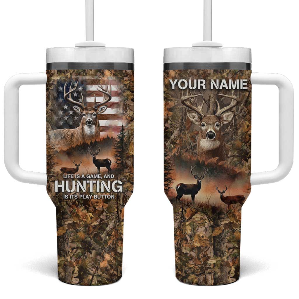 Personalized Buck Deer Hunting Tumbler With Handle American Flag Sunset Forest in Camouflage