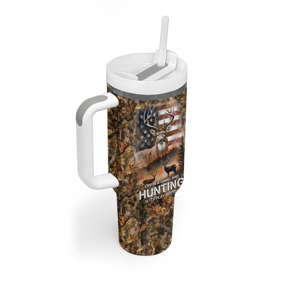 Personalized Buck Deer Hunting Tumbler With Handle American Flag Sunset Forest in Camouflage