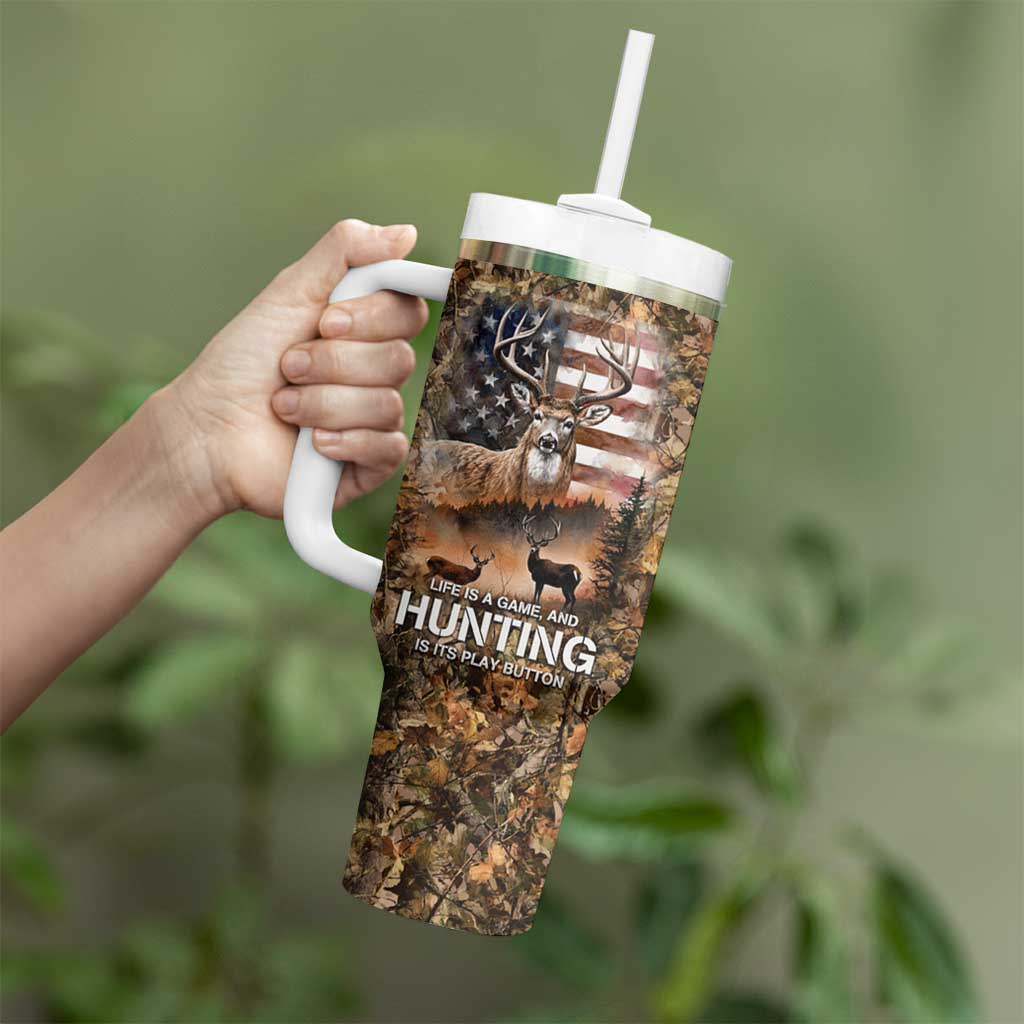 Personalized Buck Deer Hunting Tumbler With Handle American Flag Sunset Forest in Camouflage