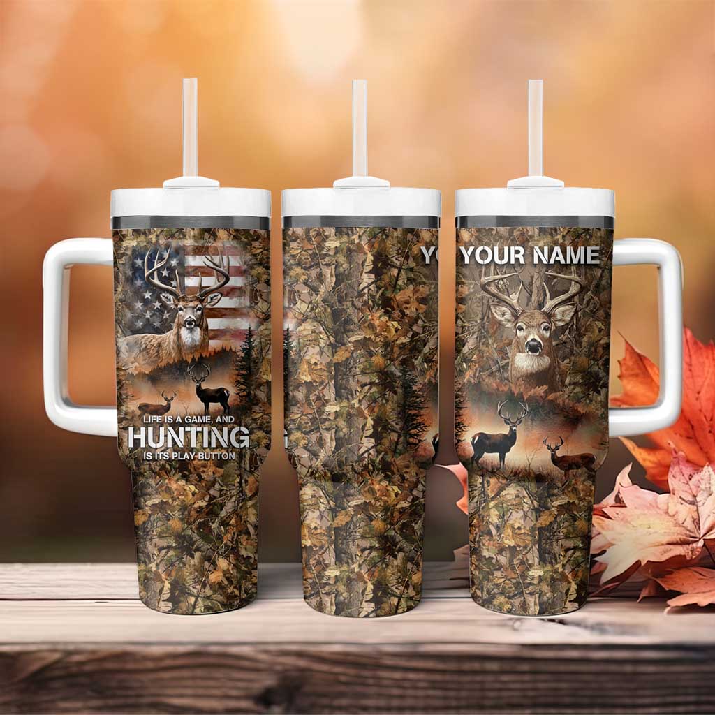 Personalized Buck Deer Hunting Tumbler With Handle American Flag Sunset Forest in Camouflage