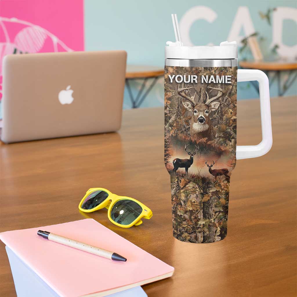 Personalized Buck Deer Hunting Tumbler With Handle American Flag Sunset Forest in Camouflage