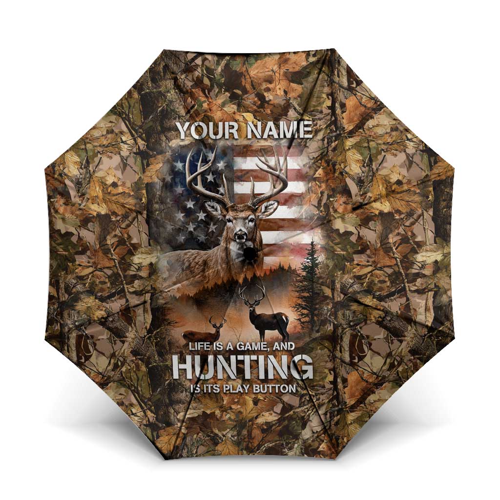 Personalized Buck Deer Hunting Umbrella American Flag Sunset Forest in Camouflage