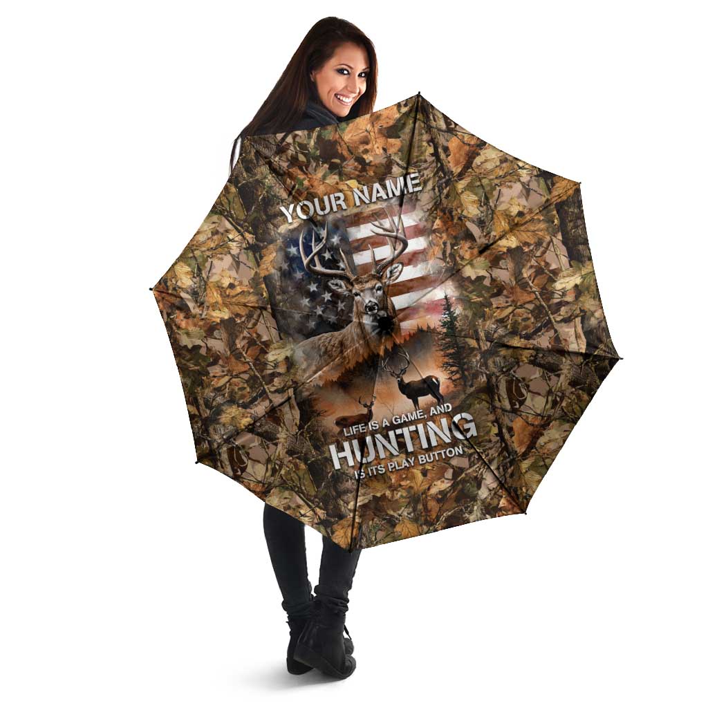 Personalized Buck Deer Hunting Umbrella American Flag Sunset Forest in Camouflage