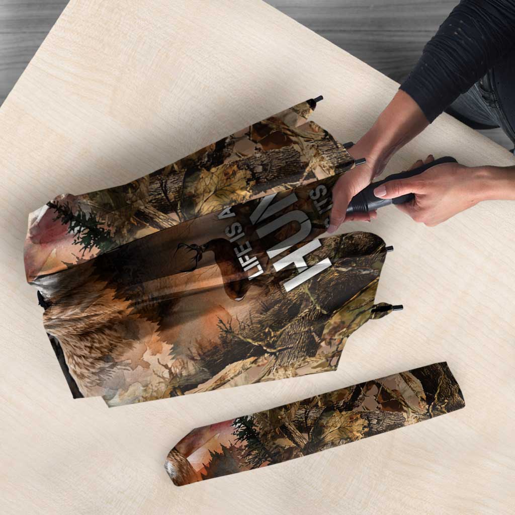 Personalized Buck Deer Hunting Umbrella American Flag Sunset Forest in Camouflage