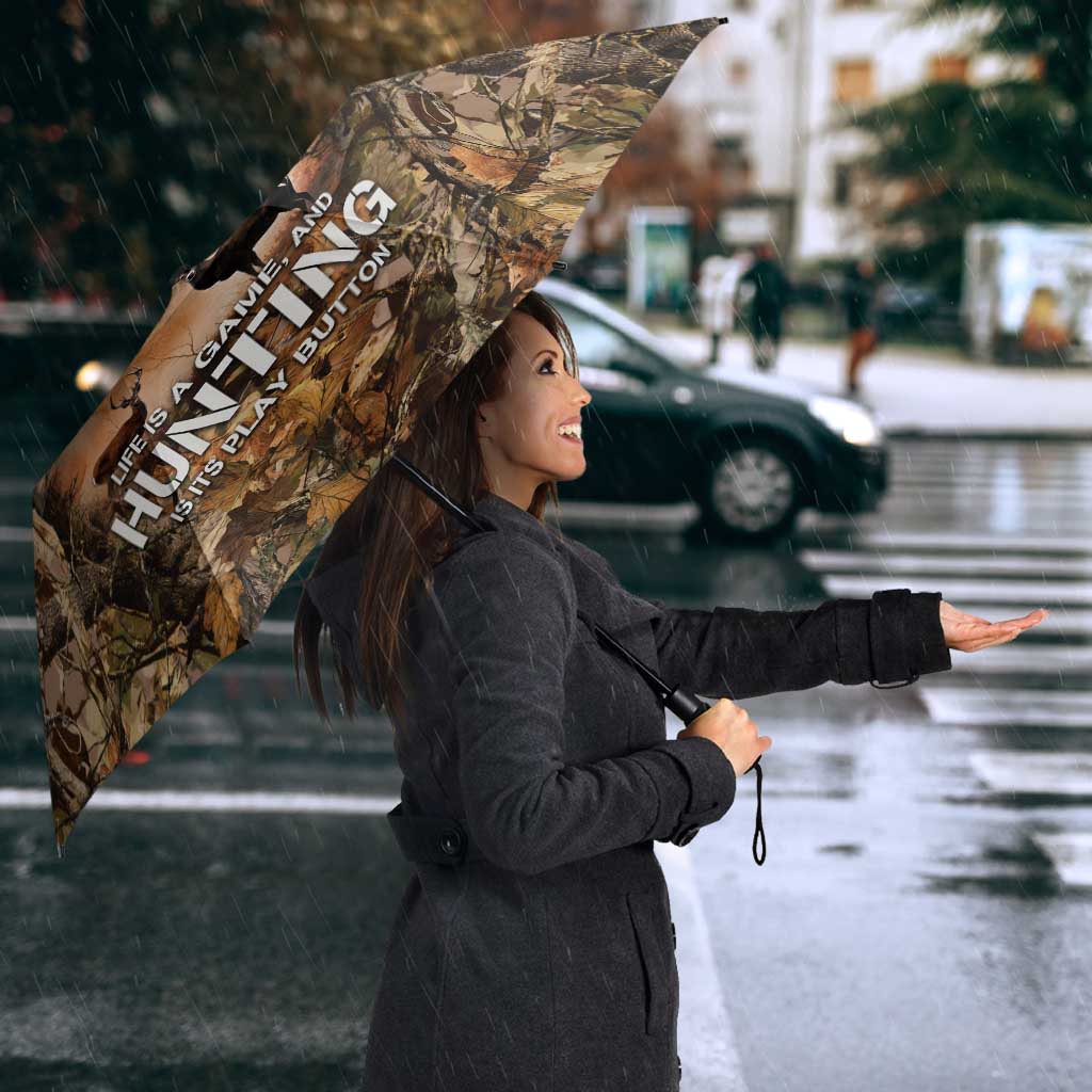 Personalized Buck Deer Hunting Umbrella American Flag Sunset Forest in Camouflage