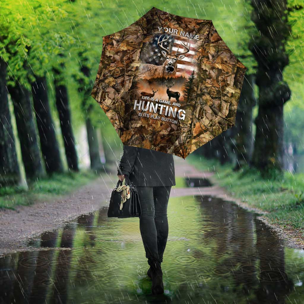 Personalized Buck Deer Hunting Umbrella American Flag Sunset Forest in Camouflage