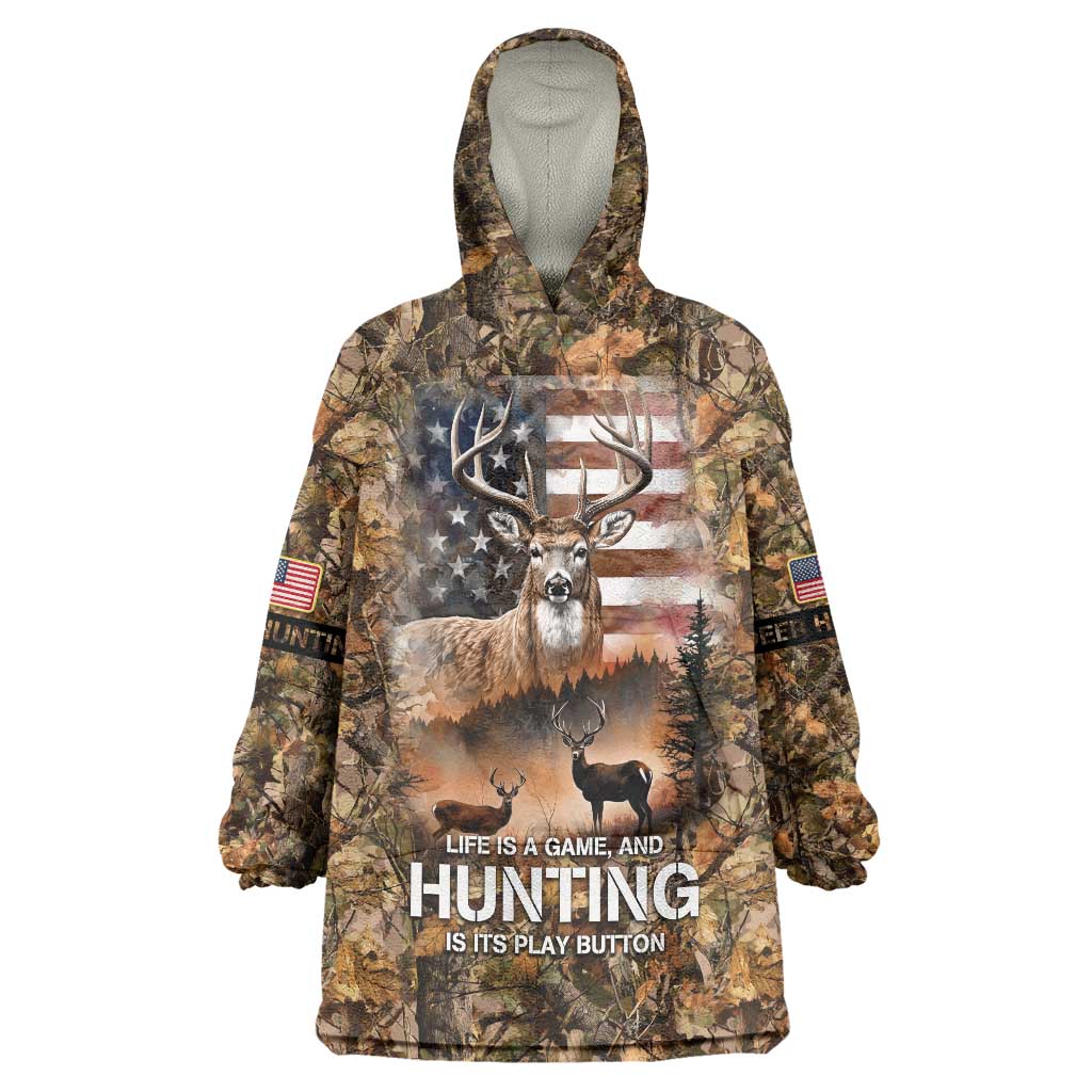 Personalized Buck Deer Hunting Wearable Blanket Hoodie American Flag Sunset Forest in Camouflage