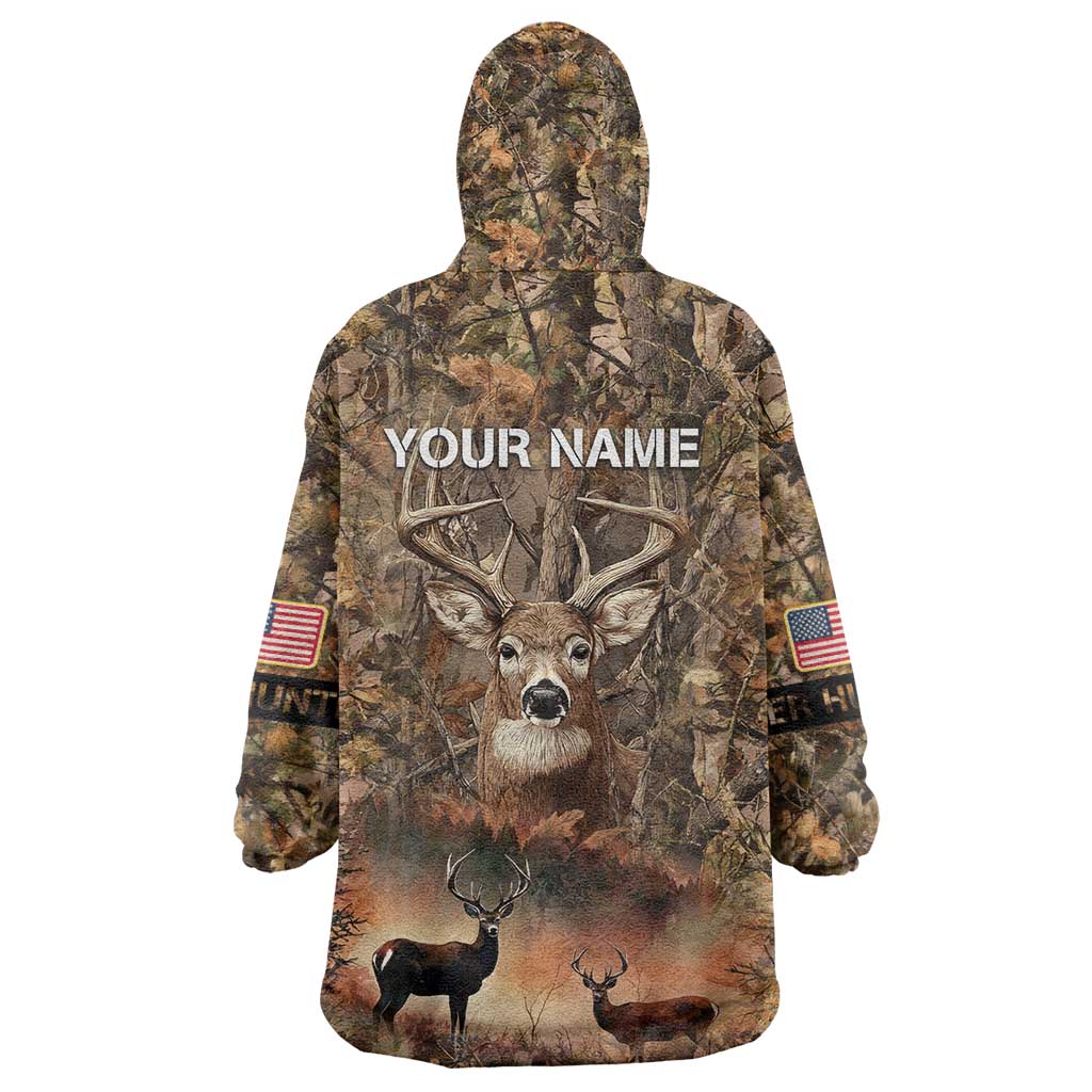 Personalized Buck Deer Hunting Wearable Blanket Hoodie American Flag Sunset Forest in Camouflage
