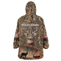 Personalized Buck Deer Hunting Wearable Blanket Hoodie American Flag Sunset Forest in Camouflage