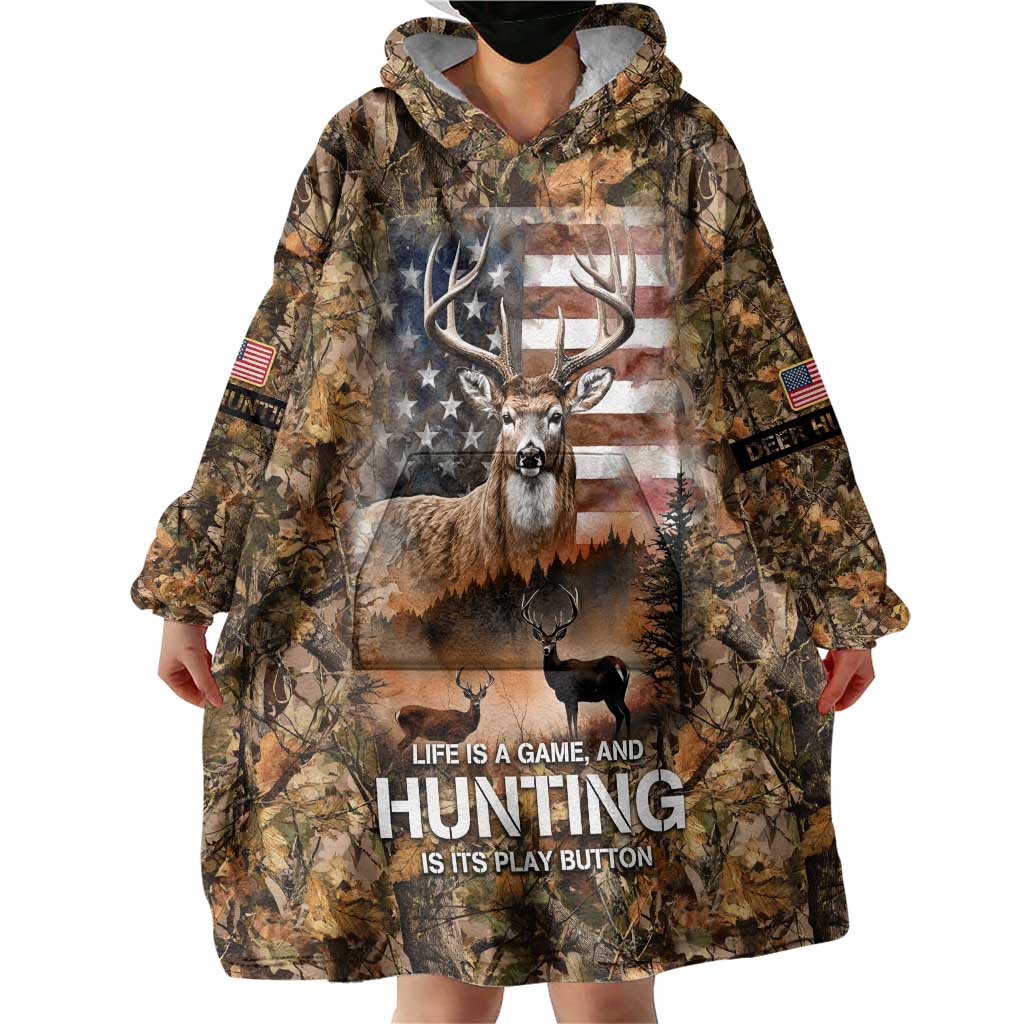 Personalized Buck Deer Hunting Wearable Blanket Hoodie American Flag Sunset Forest in Camouflage