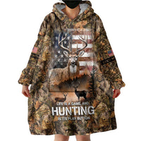 Personalized Buck Deer Hunting Wearable Blanket Hoodie American Flag Sunset Forest in Camouflage