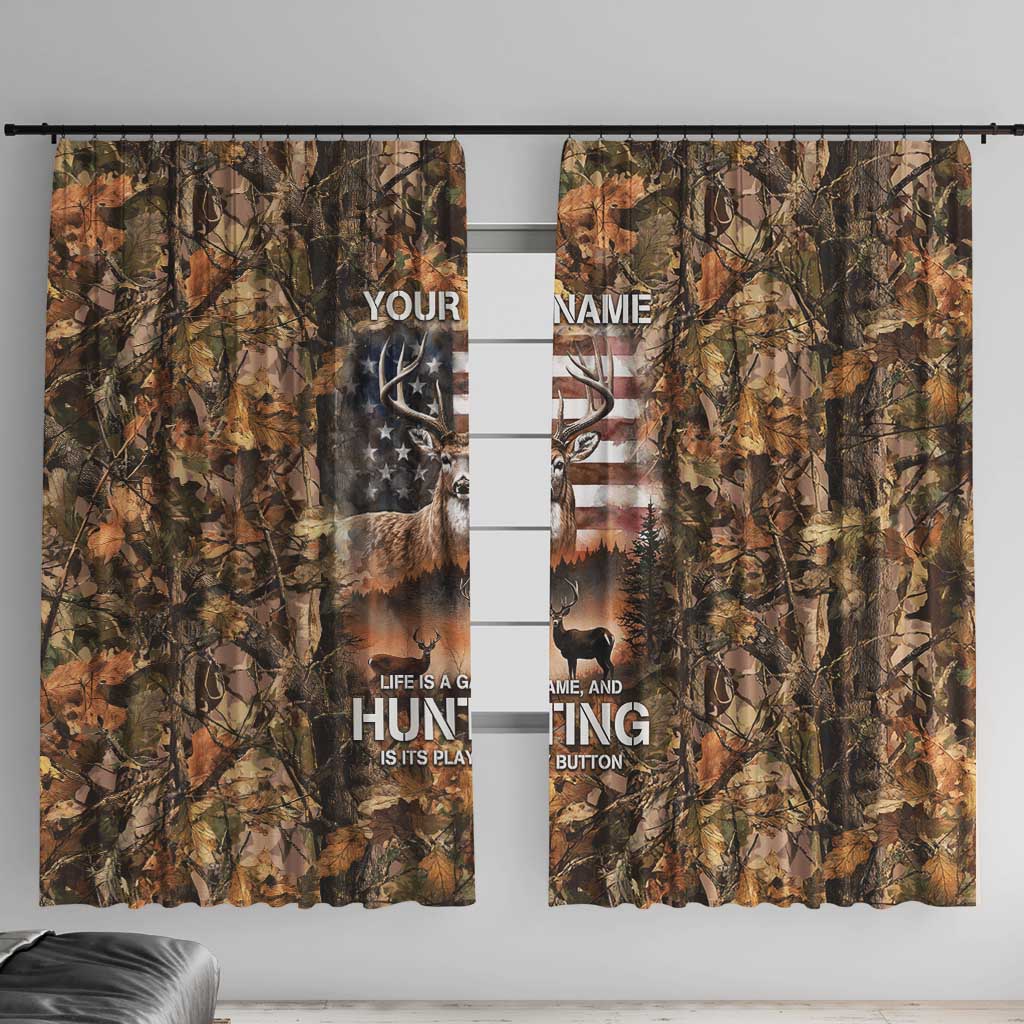 Personalized Buck Deer Hunting Window Curtain American Flag Sunset Forest in Camouflage