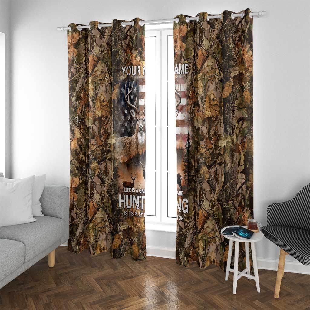 Personalized Buck Deer Hunting Window Curtain American Flag Sunset Forest in Camouflage