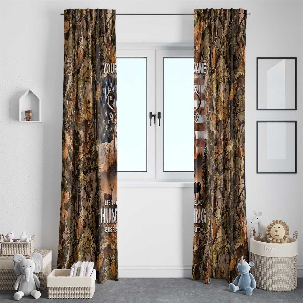 Personalized Buck Deer Hunting Window Curtain American Flag Sunset Forest in Camouflage