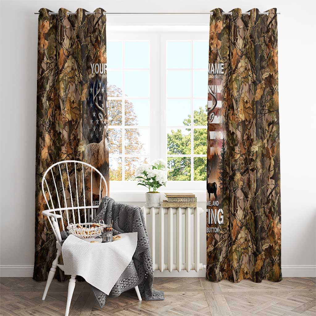 Personalized Buck Deer Hunting Window Curtain American Flag Sunset Forest in Camouflage