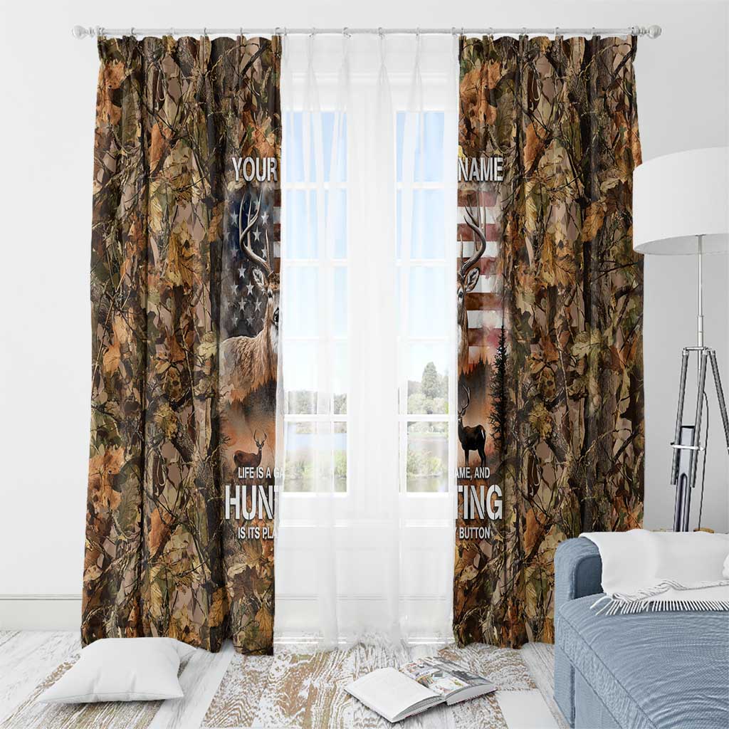 Personalized Buck Deer Hunting Window Curtain American Flag Sunset Forest in Camouflage