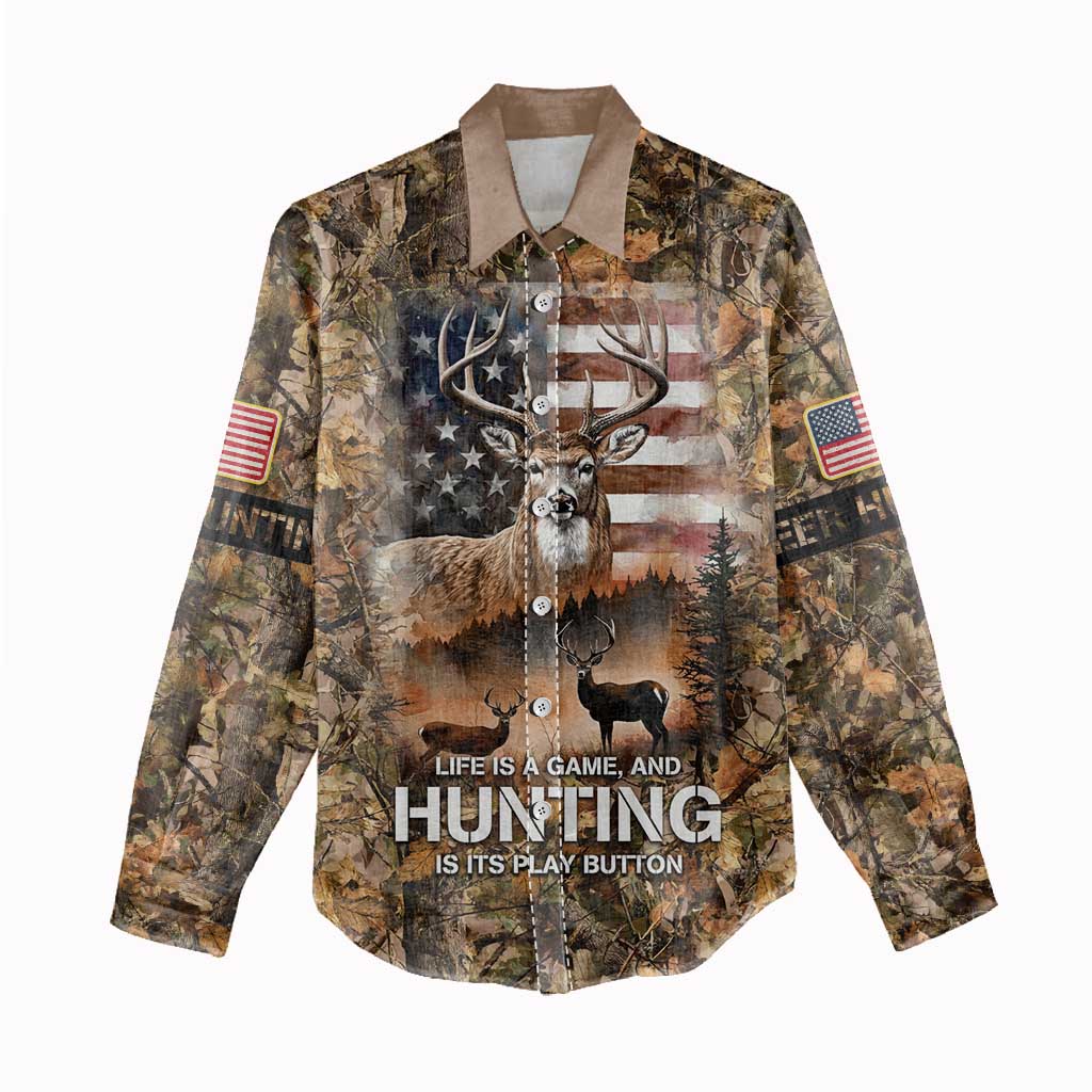 Personalized Buck Deer Hunting Women Casual Shirt American Flag Sunset Forest in Camouflage
