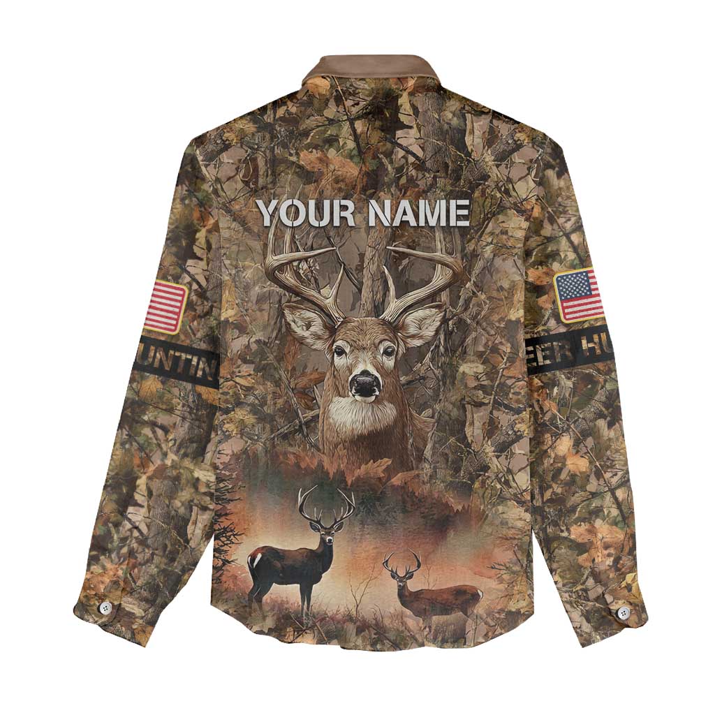 Personalized Buck Deer Hunting Women Casual Shirt American Flag Sunset Forest in Camouflage