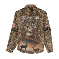 Personalized Buck Deer Hunting Women Casual Shirt American Flag Sunset Forest in Camouflage
