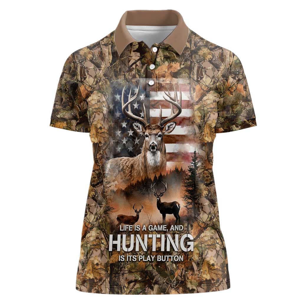 Personalized Buck Deer Hunting Women Polo Shirt American Flag Sunset Forest in Camouflage