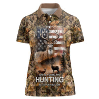 Personalized Buck Deer Hunting Women Polo Shirt American Flag Sunset Forest in Camouflage