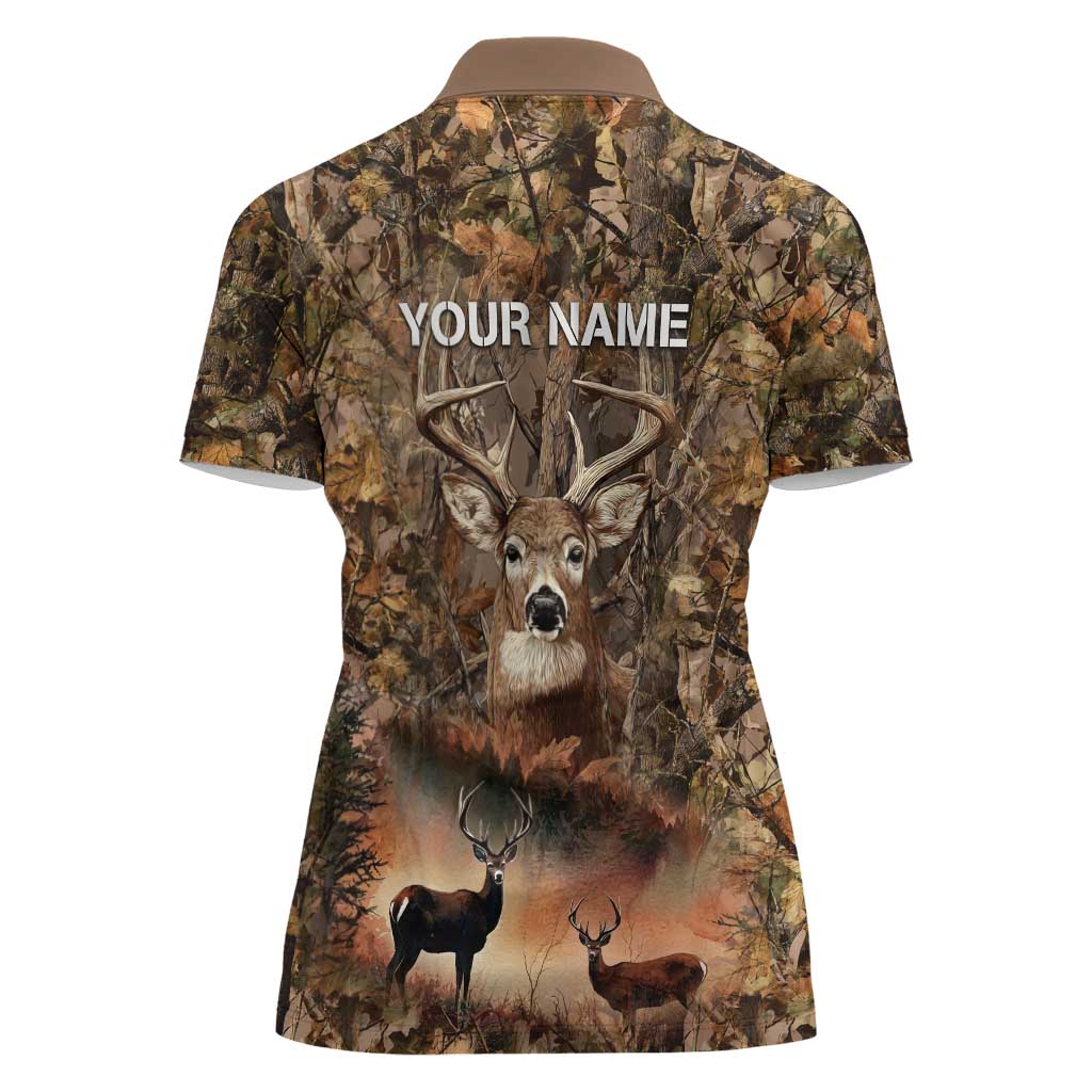 Personalized Buck Deer Hunting Women Polo Shirt American Flag Sunset Forest in Camouflage