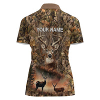 Personalized Buck Deer Hunting Women Polo Shirt American Flag Sunset Forest in Camouflage
